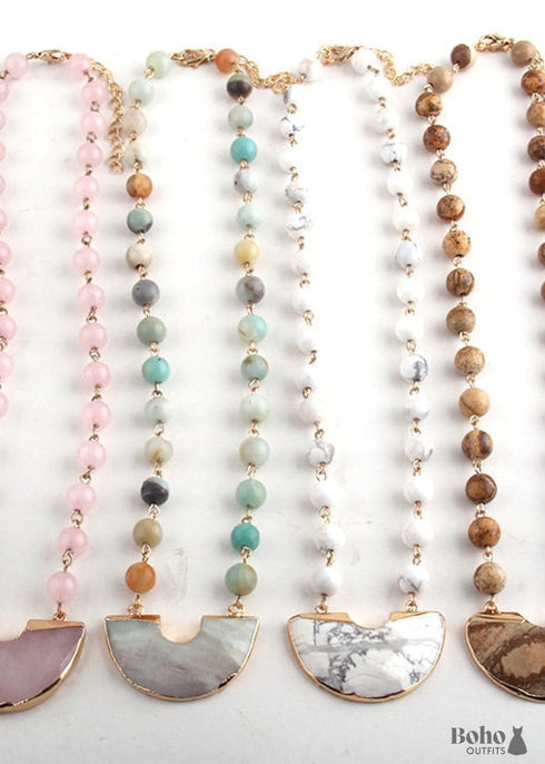 Boho Necklace, RH Rose Quart Amazonite, Half Moon Pink Natural Stone